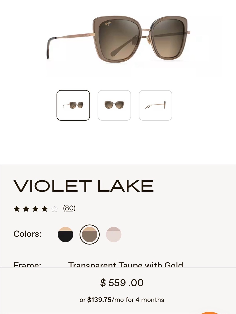 NWT Maui Jim Violet Lake Sunglasses in Transparent Taupe and Gold